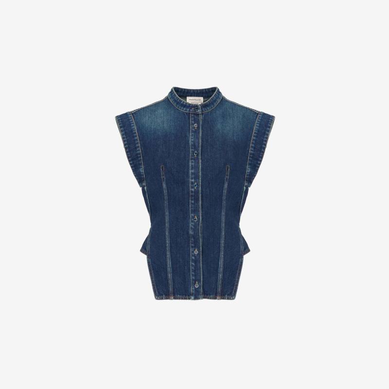 Alexander McQueen Women's Blue Cap Sleeve Denim Shirt - 38 (Cotton)